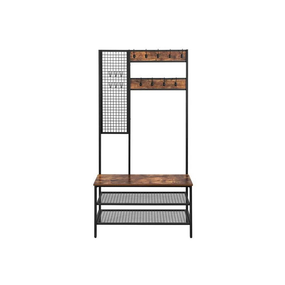 73 Inch Clothing Rack Horse, 9 Coat Hooks, 3 Shelves, Grid Wall Brown Black By Casagear Home