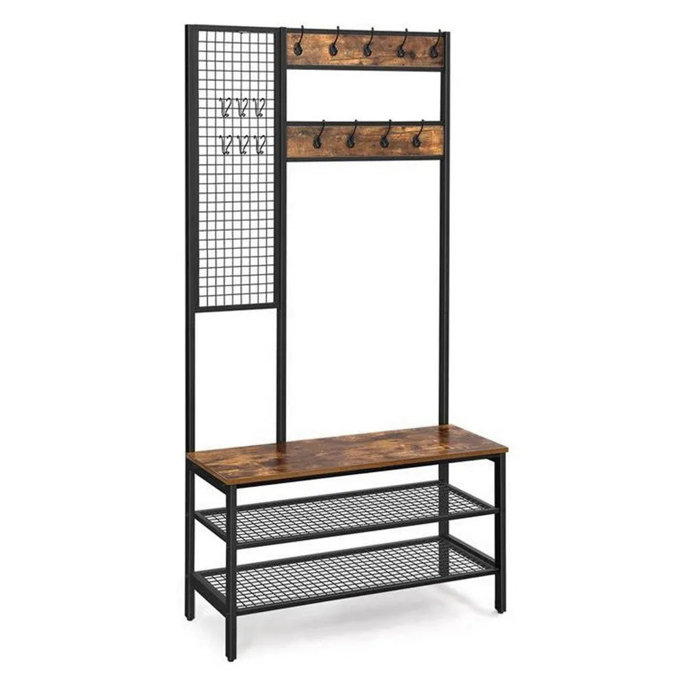 73 Inch Clothing Rack Horse, 9 Coat Hooks, 3 Shelves, Grid Wall Brown Black By Casagear Home