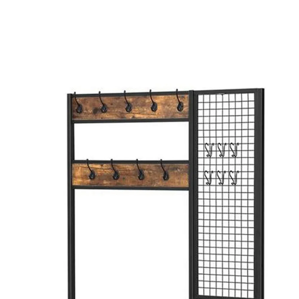 73 Inch Clothing Rack Horse, 9 Coat Hooks, 3 Shelves, Grid Wall Brown Black By Casagear Home