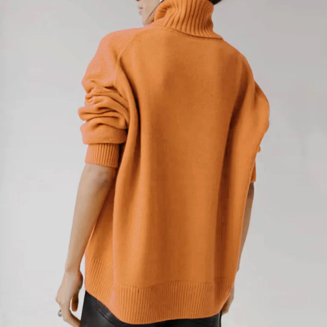 Asymmetric Rib Trim Turtleneck Long Sleeve Oversized Pullover Sweater - Orange