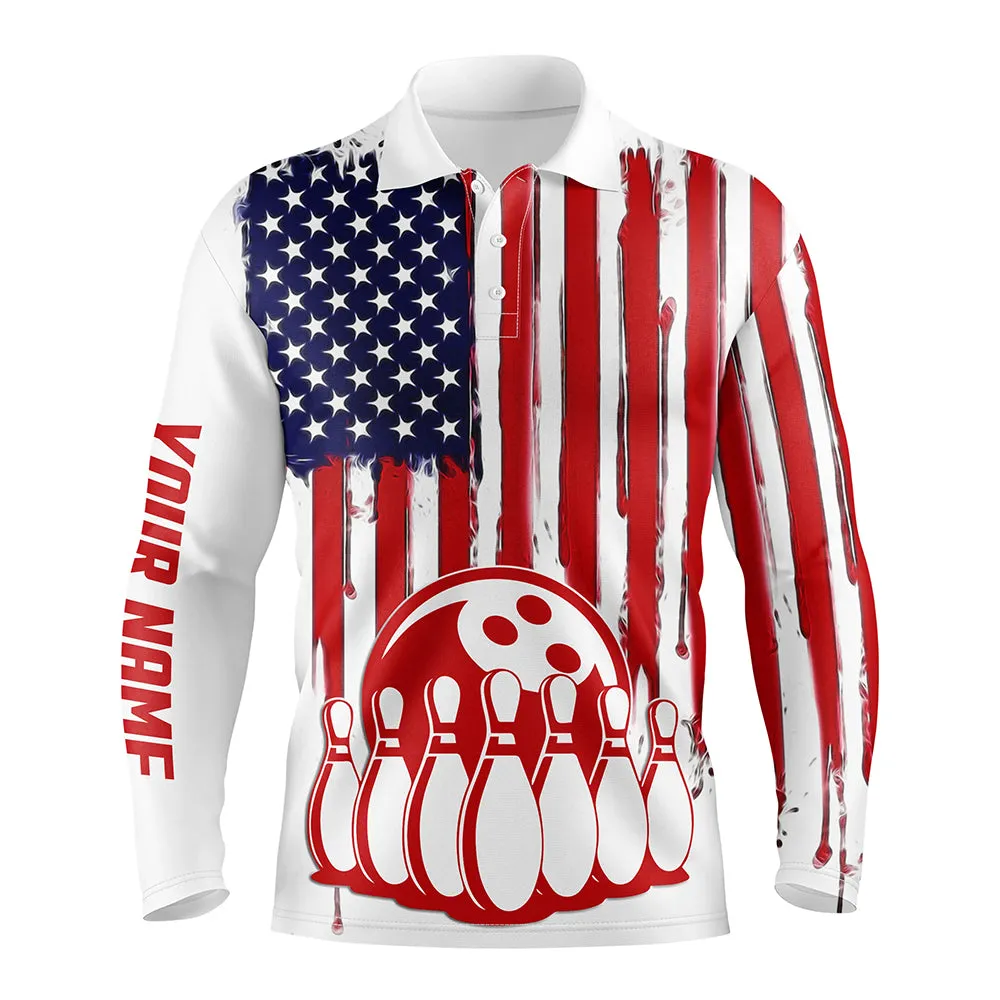 Custom Bowling Shirts For Men American Flag Patriotic Personalize Bowling Team Jerseys Men Long Sleeve Polo Shirts