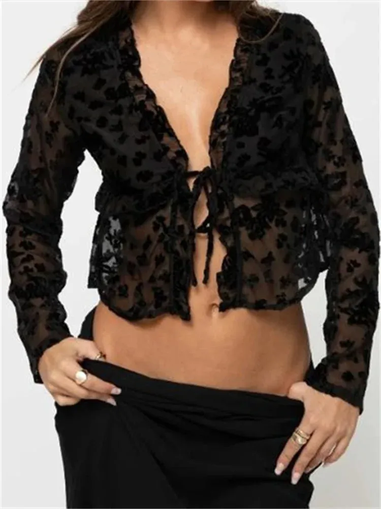 Elegant Long Sleeve Front Split Lace Women's Top - See-through Cropped Blouse