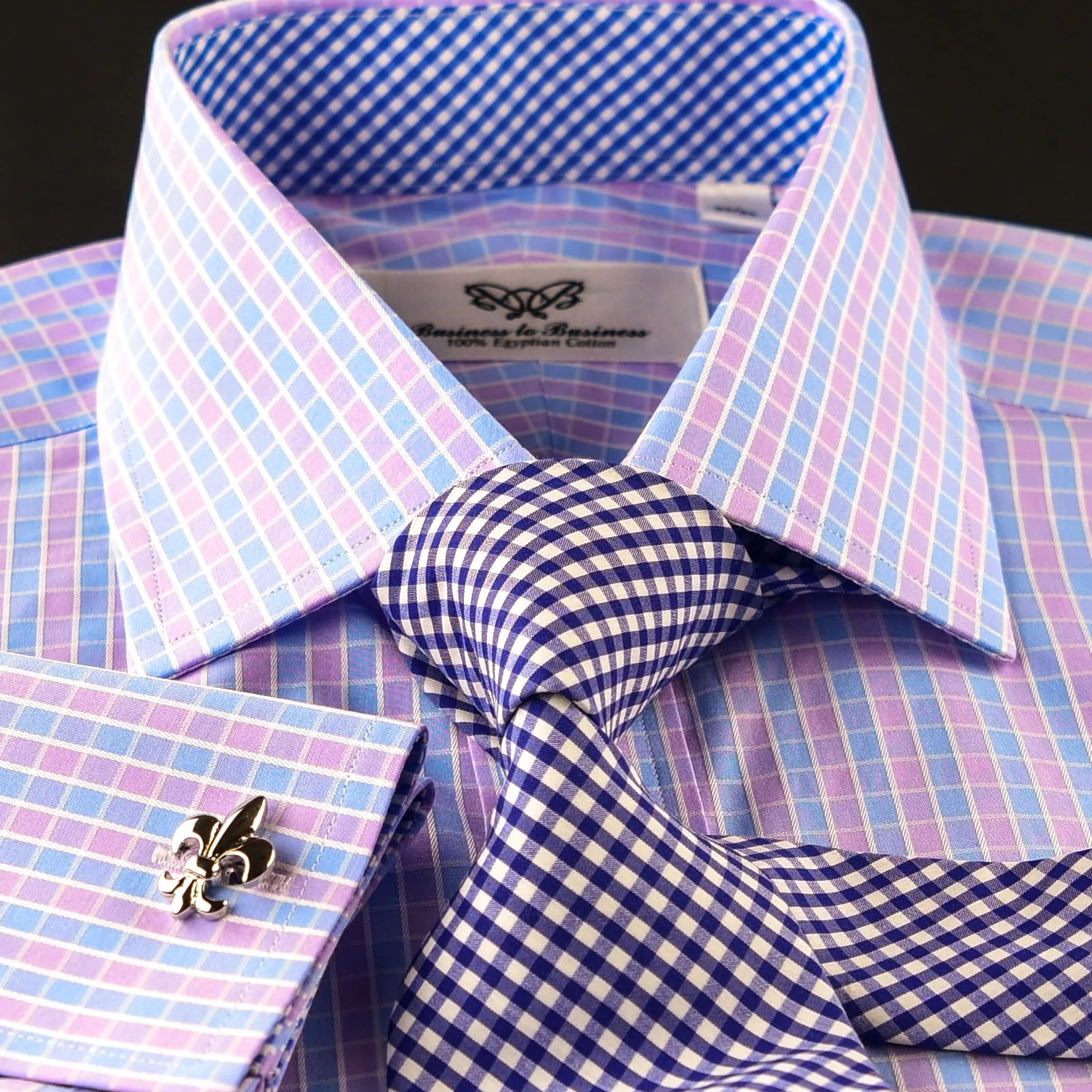 Elegant Purple Blue Check WIth Blue Fleur-De-Lis Dress Shirt French Cuffs Design