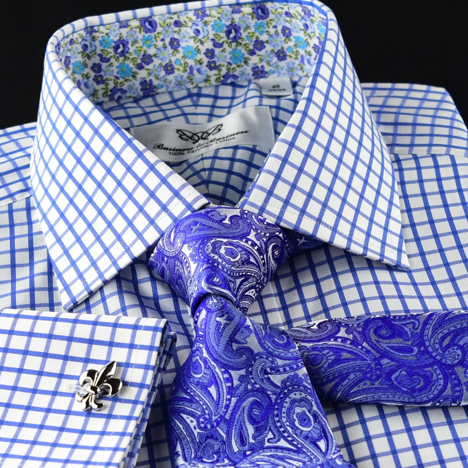 Elegant Purple Blue Check WIth Blue Fleur-De-Lis Dress Shirt French Cuffs Design