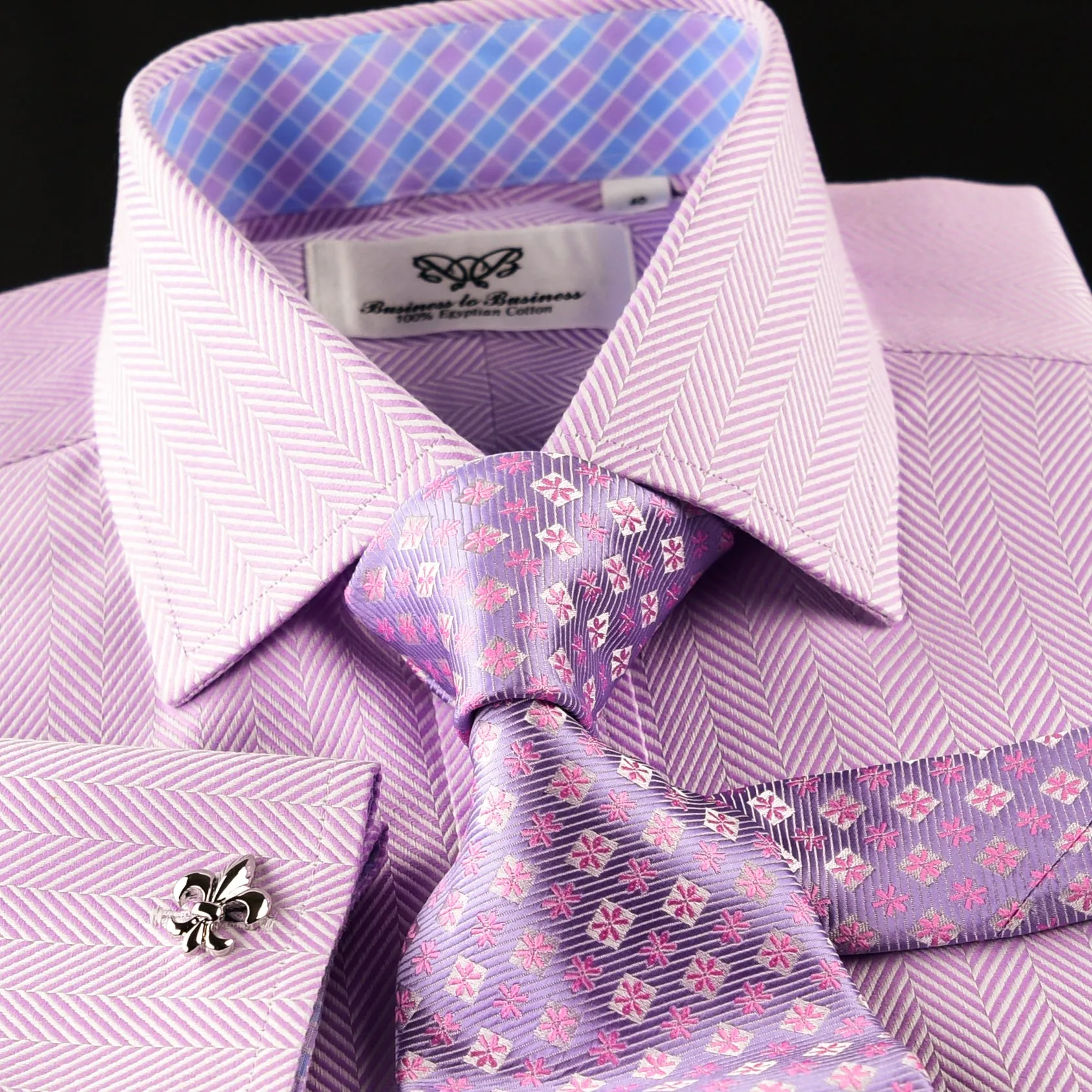 Elegant Purple Blue Check WIth Blue Fleur-De-Lis Dress Shirt French Cuffs Design