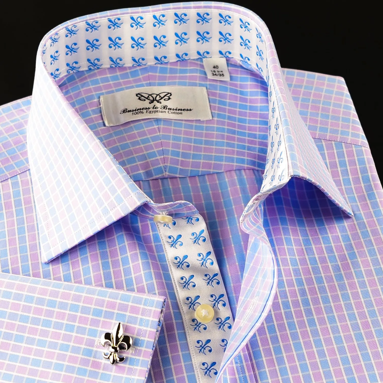 Elegant Purple Blue Check WIth Blue Fleur-De-Lis Dress Shirt French Cuffs Design