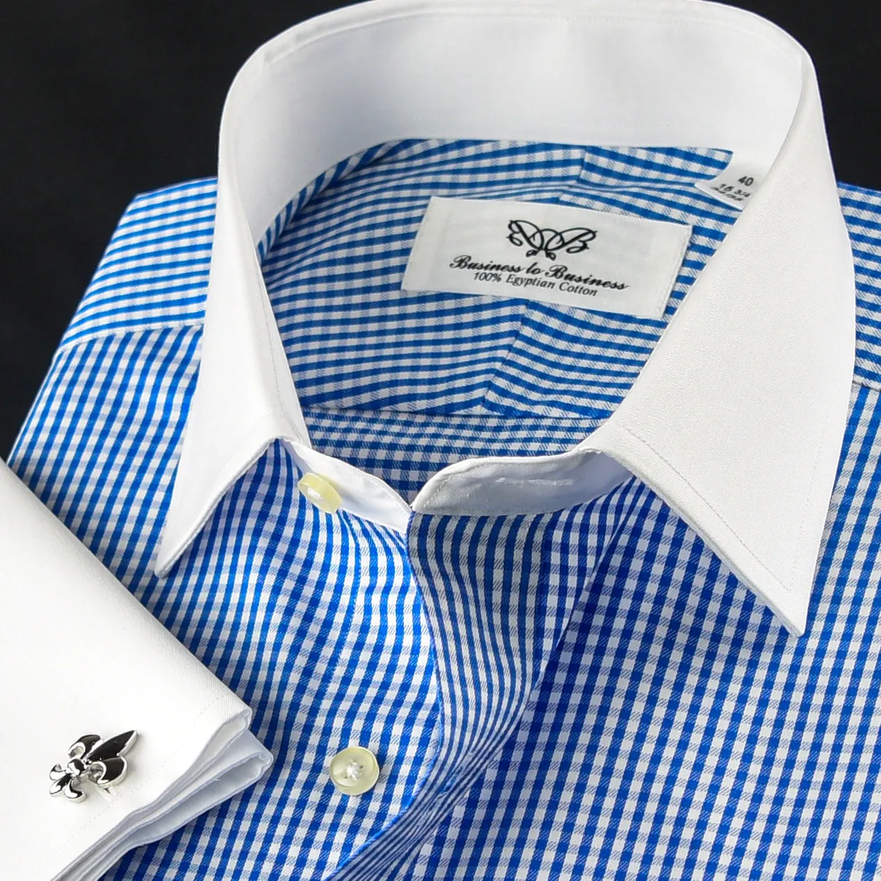 Elegant Purple Blue Check WIth Blue Fleur-De-Lis Dress Shirt French Cuffs Design