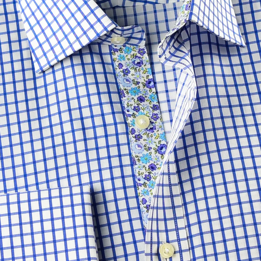 Elegant Purple Blue Check WIth Blue Fleur-De-Lis Dress Shirt French Cuffs Design