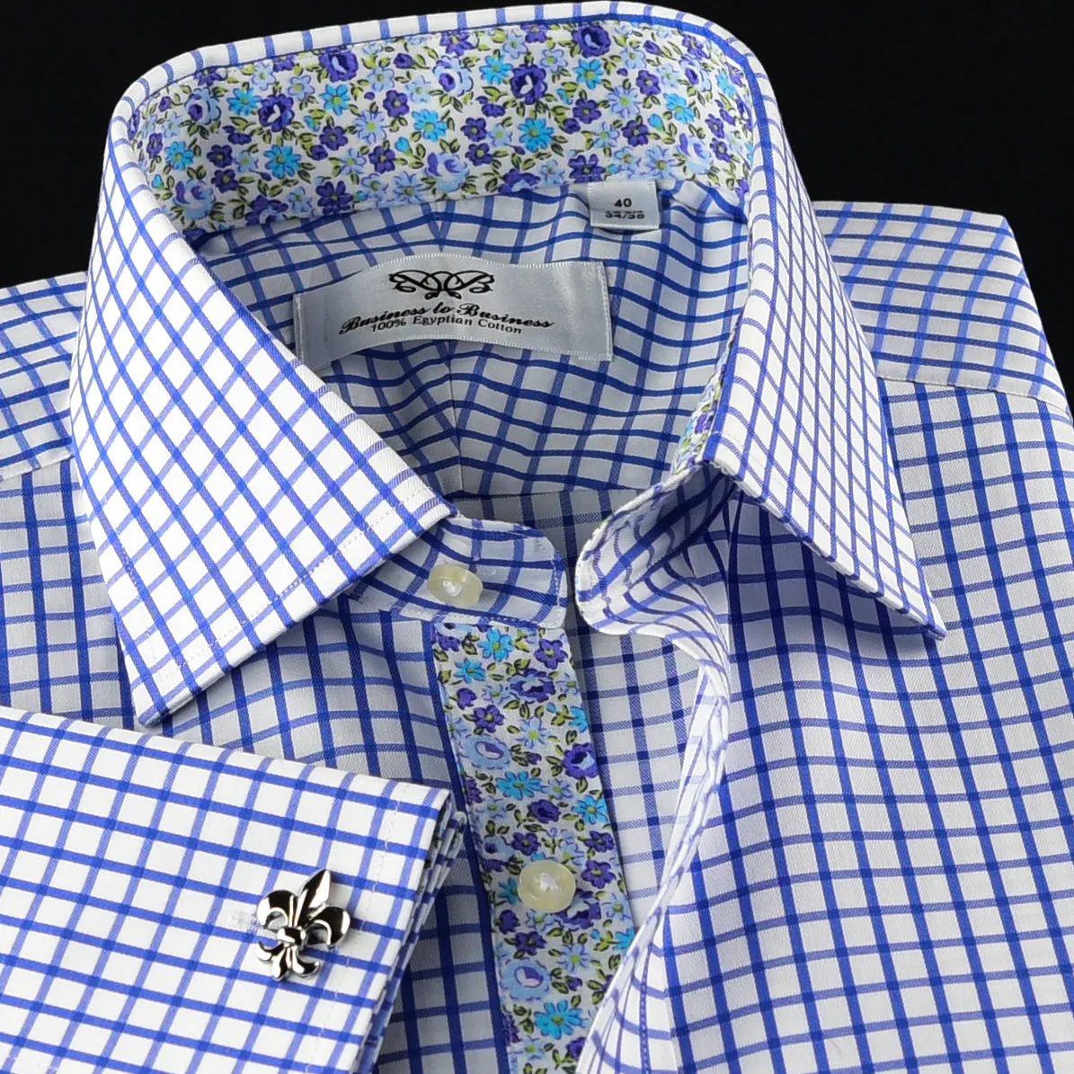 Elegant Purple Blue Check WIth Blue Fleur-De-Lis Dress Shirt French Cuffs Design