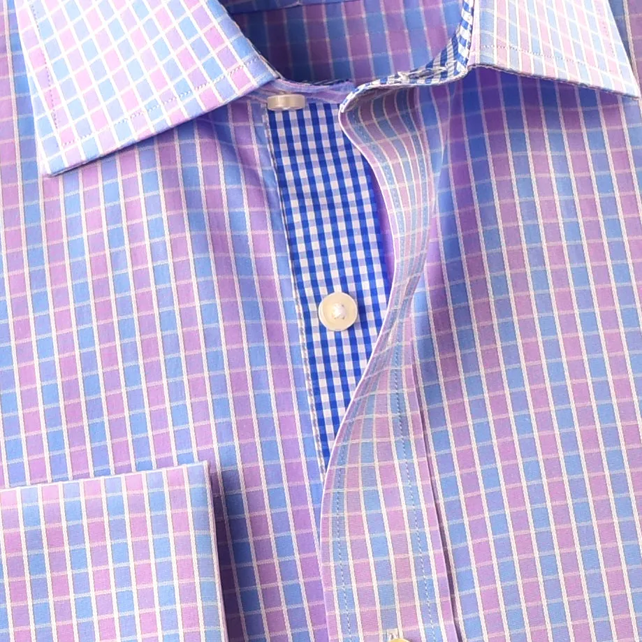 Elegant Purple Blue Check WIth Blue Fleur-De-Lis Dress Shirt French Cuffs Design