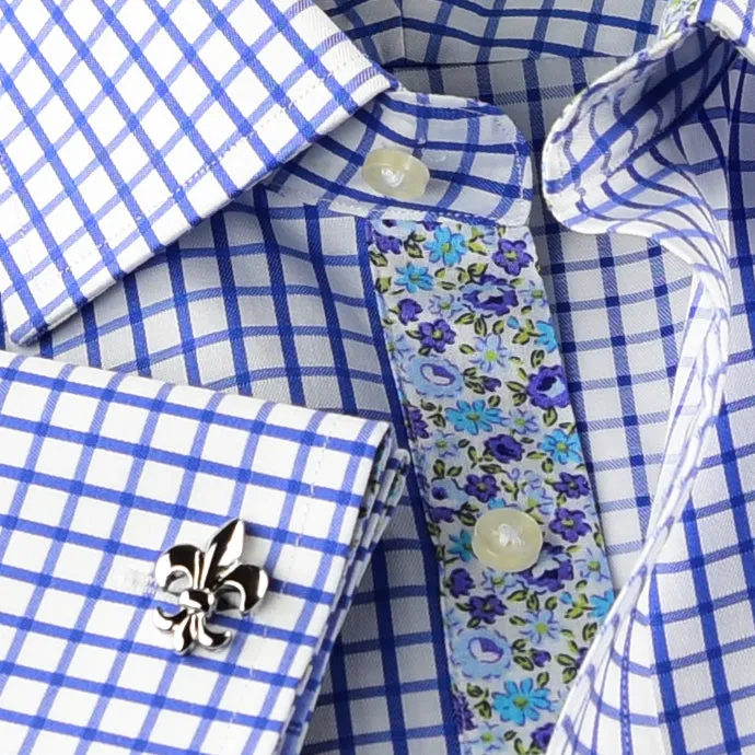 Elegant Purple Blue Check WIth Blue Fleur-De-Lis Dress Shirt French Cuffs Design