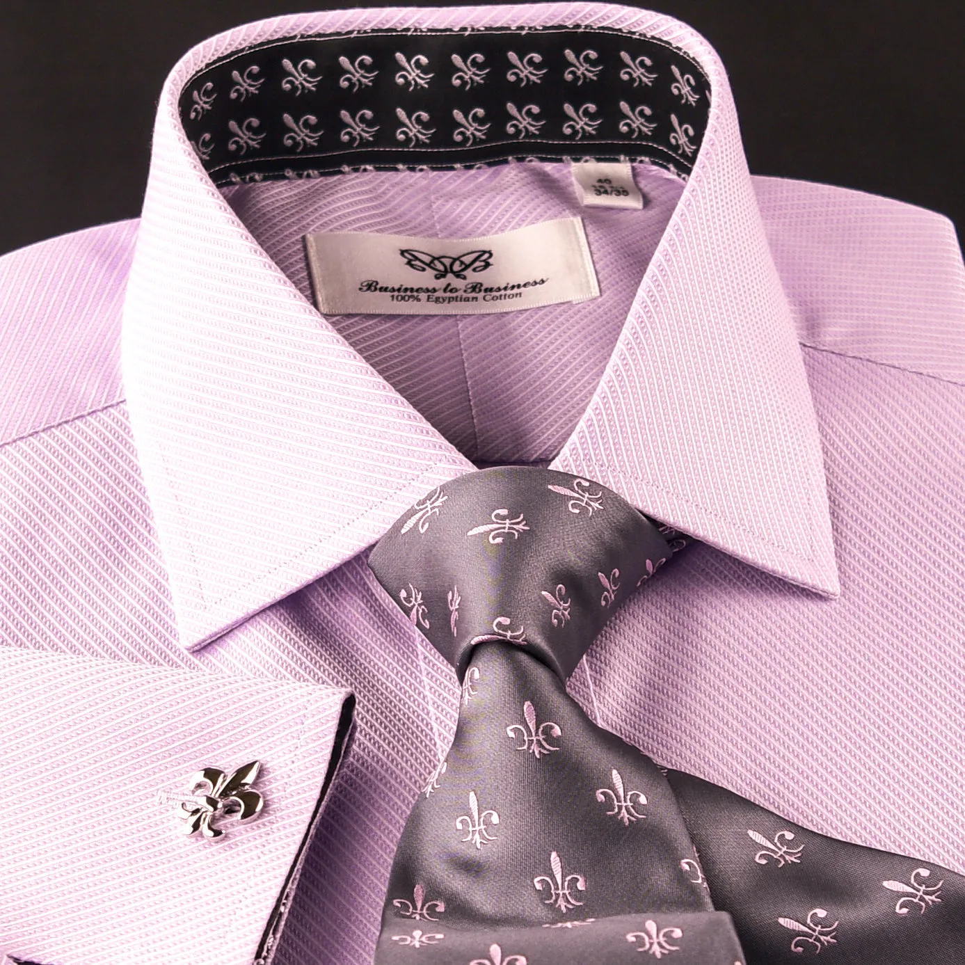 Elegant Purple Blue Check WIth Blue Fleur-De-Lis Dress Shirt French Cuffs Design