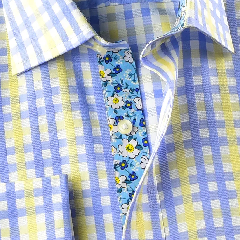 Elegant Purple Blue Check WIth Blue Fleur-De-Lis Dress Shirt French Cuffs Design