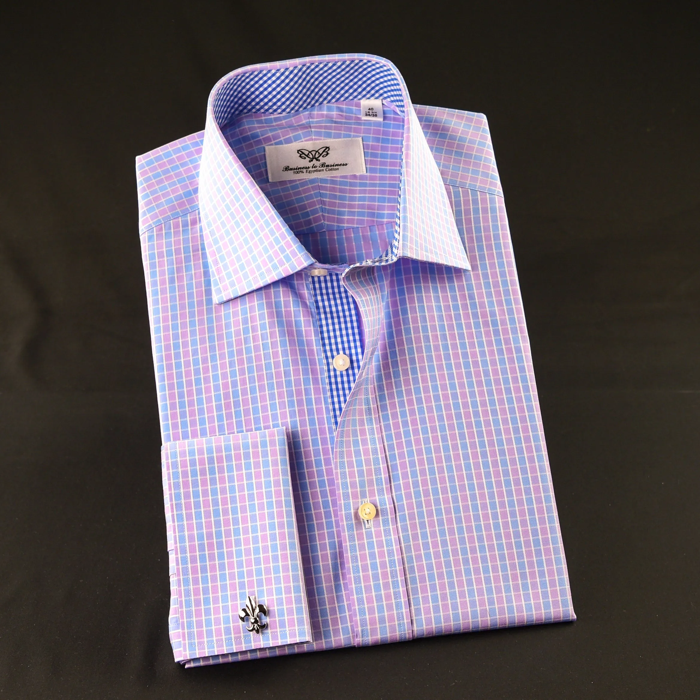 Elegant Purple Blue Check WIth Blue Fleur-De-Lis Dress Shirt French Cuffs Design