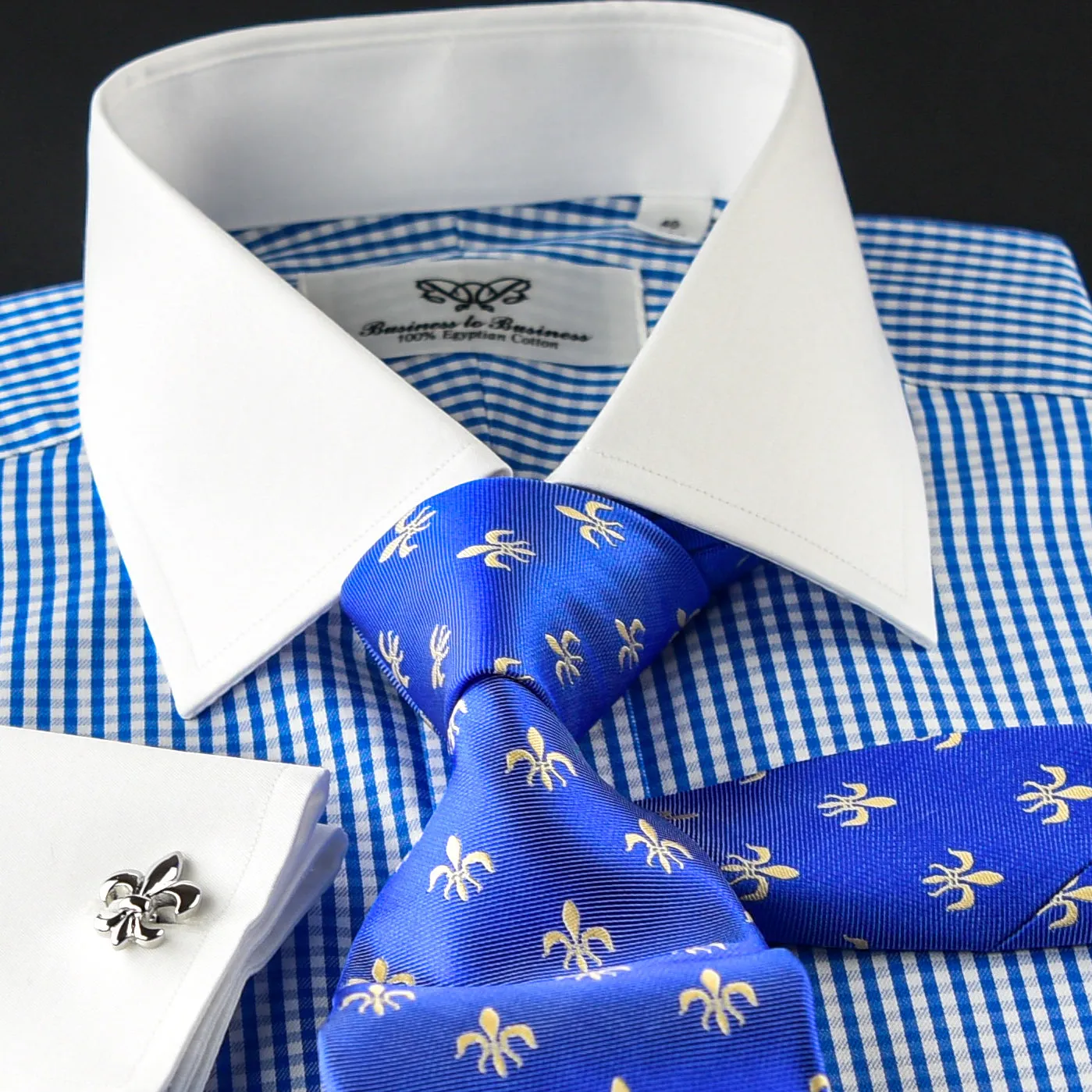 Elegant Purple Blue Check WIth Blue Fleur-De-Lis Dress Shirt French Cuffs Design