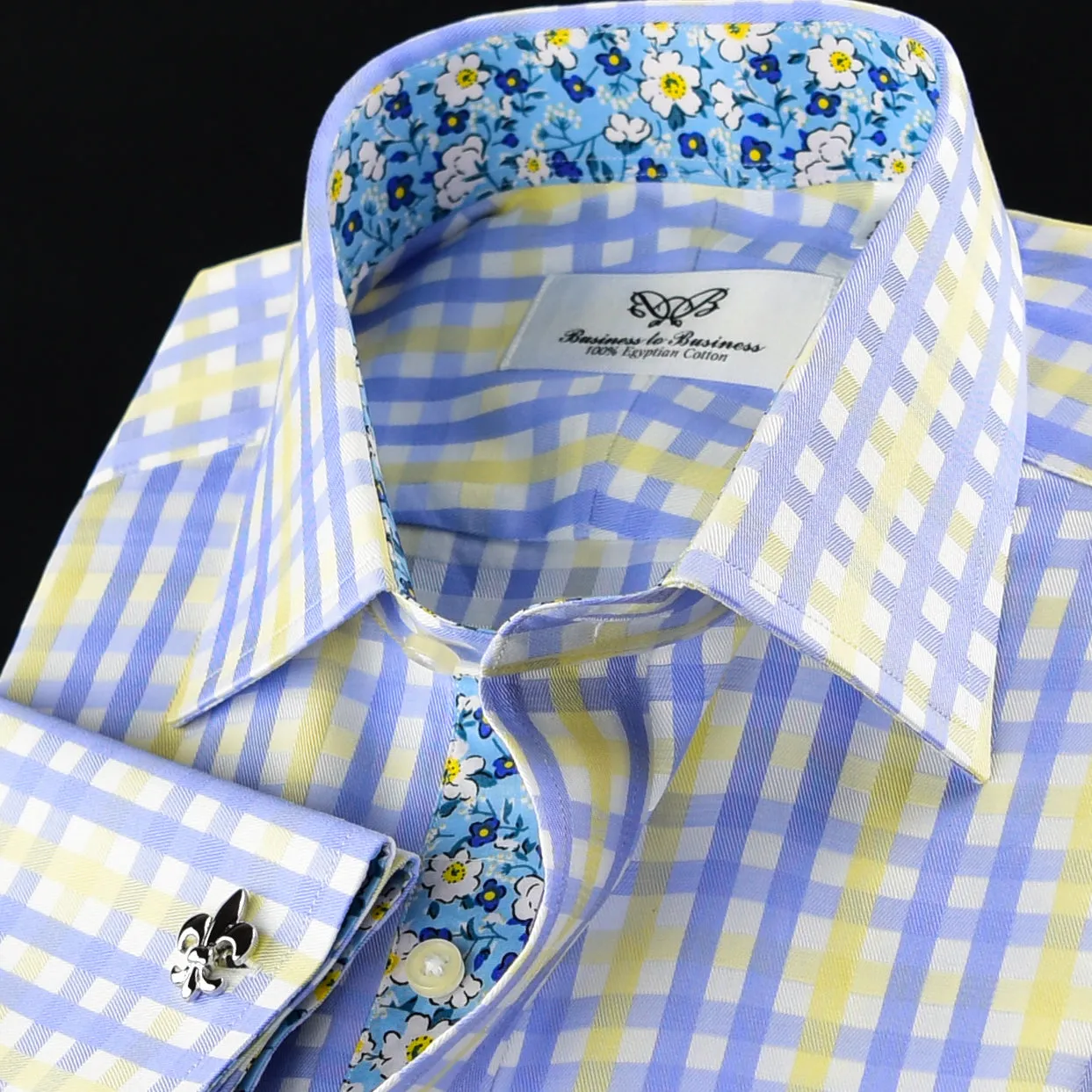 Elegant Purple Blue Check WIth Blue Fleur-De-Lis Dress Shirt French Cuffs Design