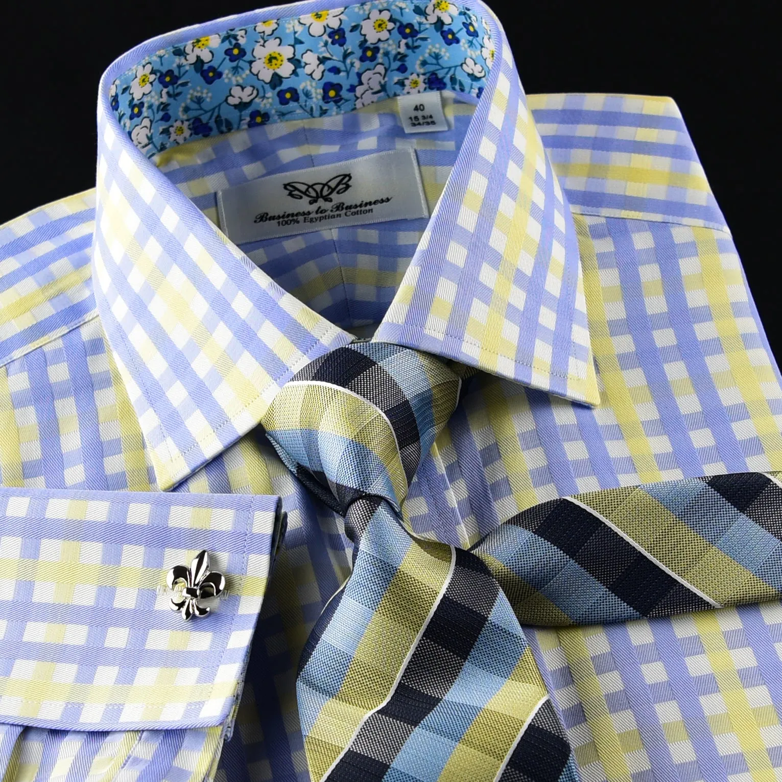 Elegant Purple Blue Check WIth Blue Fleur-De-Lis Dress Shirt French Cuffs Design