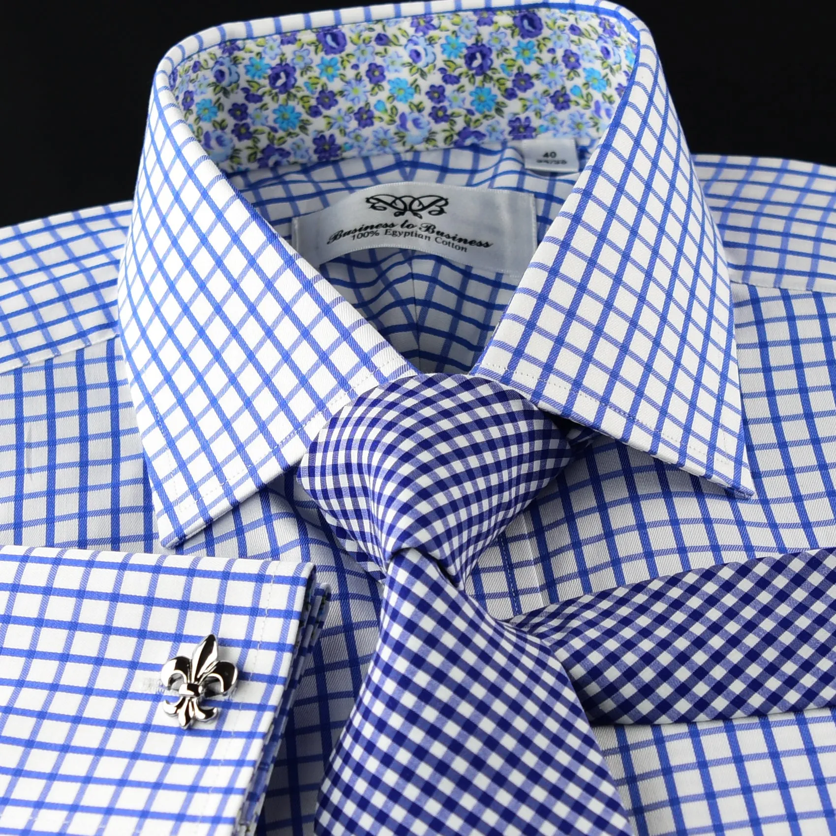 Elegant Purple Blue Check WIth Blue Fleur-De-Lis Dress Shirt French Cuffs Design