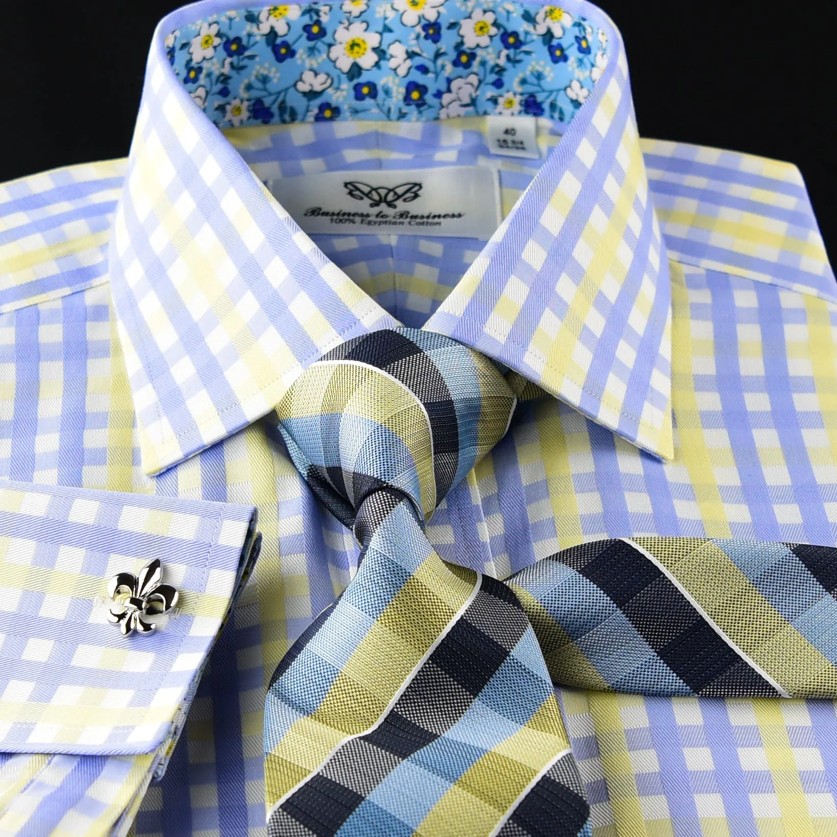 Elegant Purple Blue Check WIth Blue Fleur-De-Lis Dress Shirt French Cuffs Design