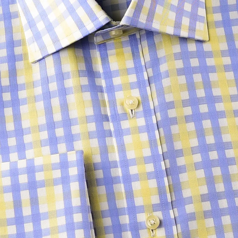 Elegant Purple Blue Check WIth Blue Fleur-De-Lis Dress Shirt French Cuffs Design