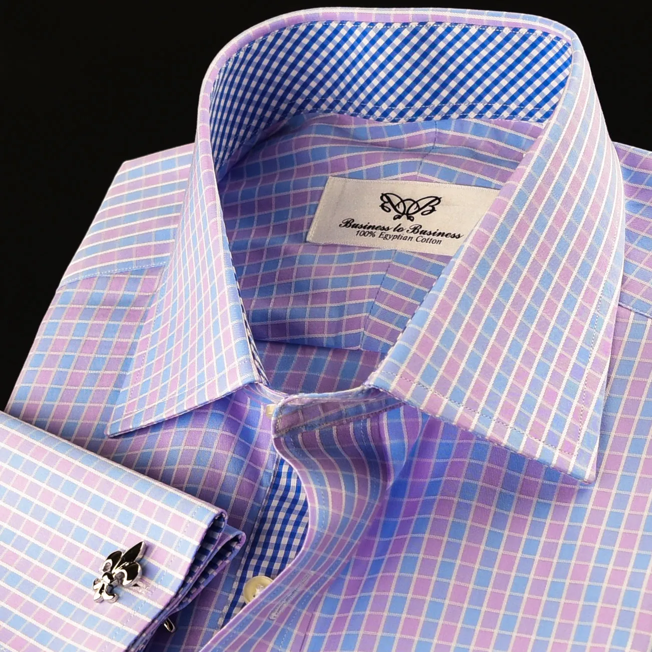 Elegant Purple Blue Check WIth Blue Fleur-De-Lis Dress Shirt French Cuffs Design