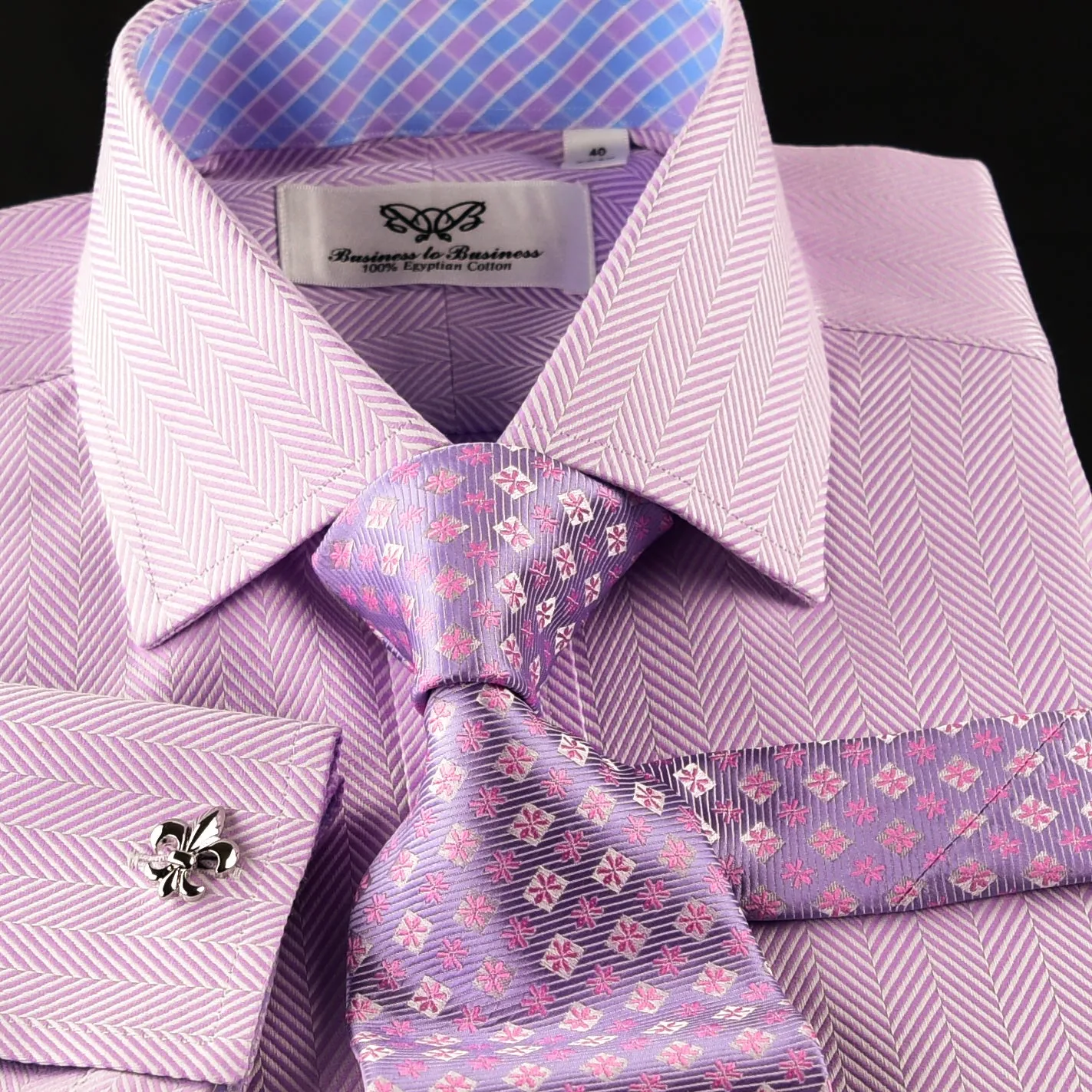 Elegant Purple Blue Check WIth Blue Fleur-De-Lis Dress Shirt French Cuffs Design