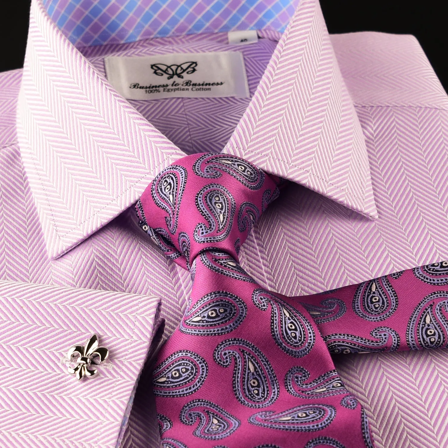 Elegant Purple Blue Check WIth Blue Fleur-De-Lis Dress Shirt French Cuffs Design