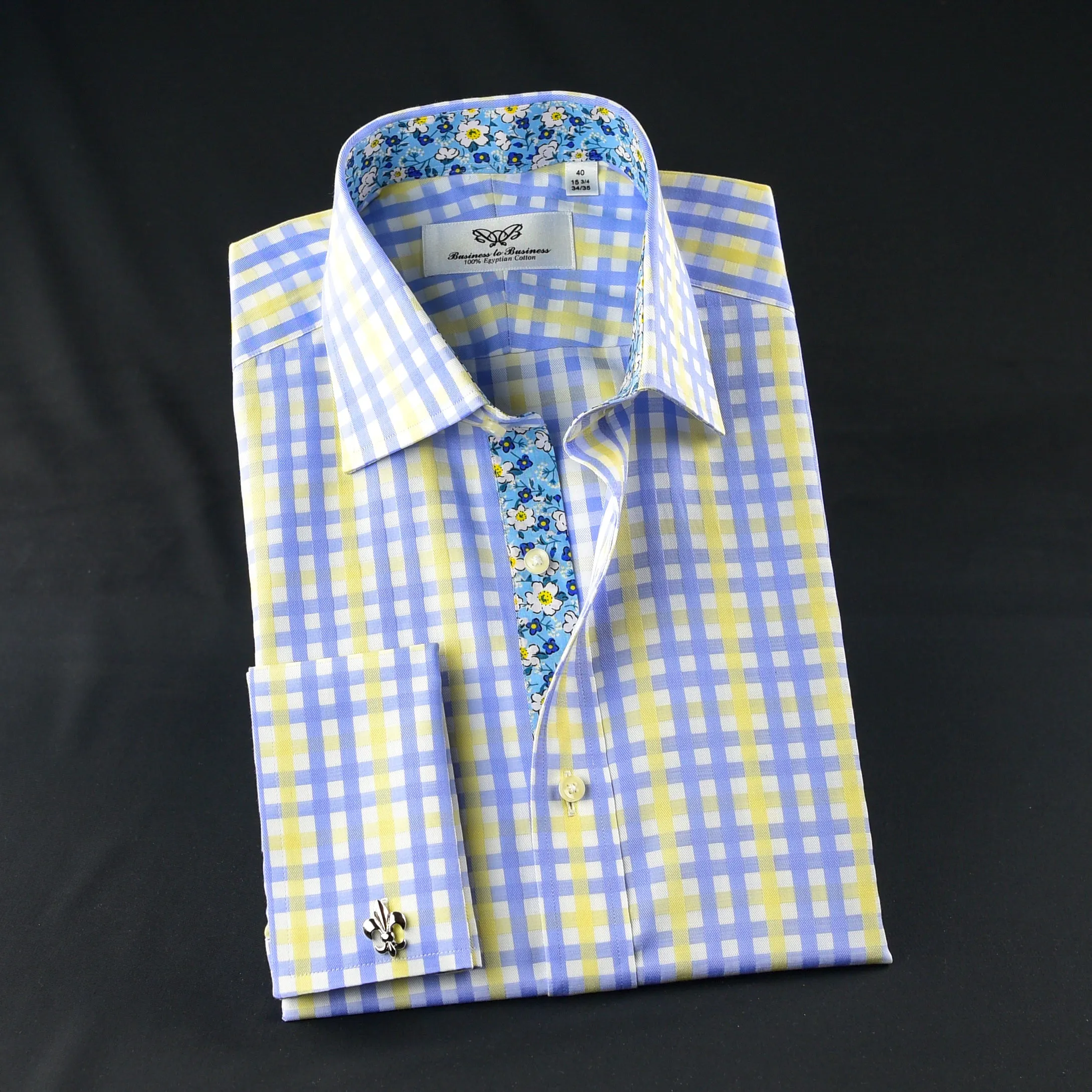 Elegant Purple Blue Check WIth Blue Fleur-De-Lis Dress Shirt French Cuffs Design