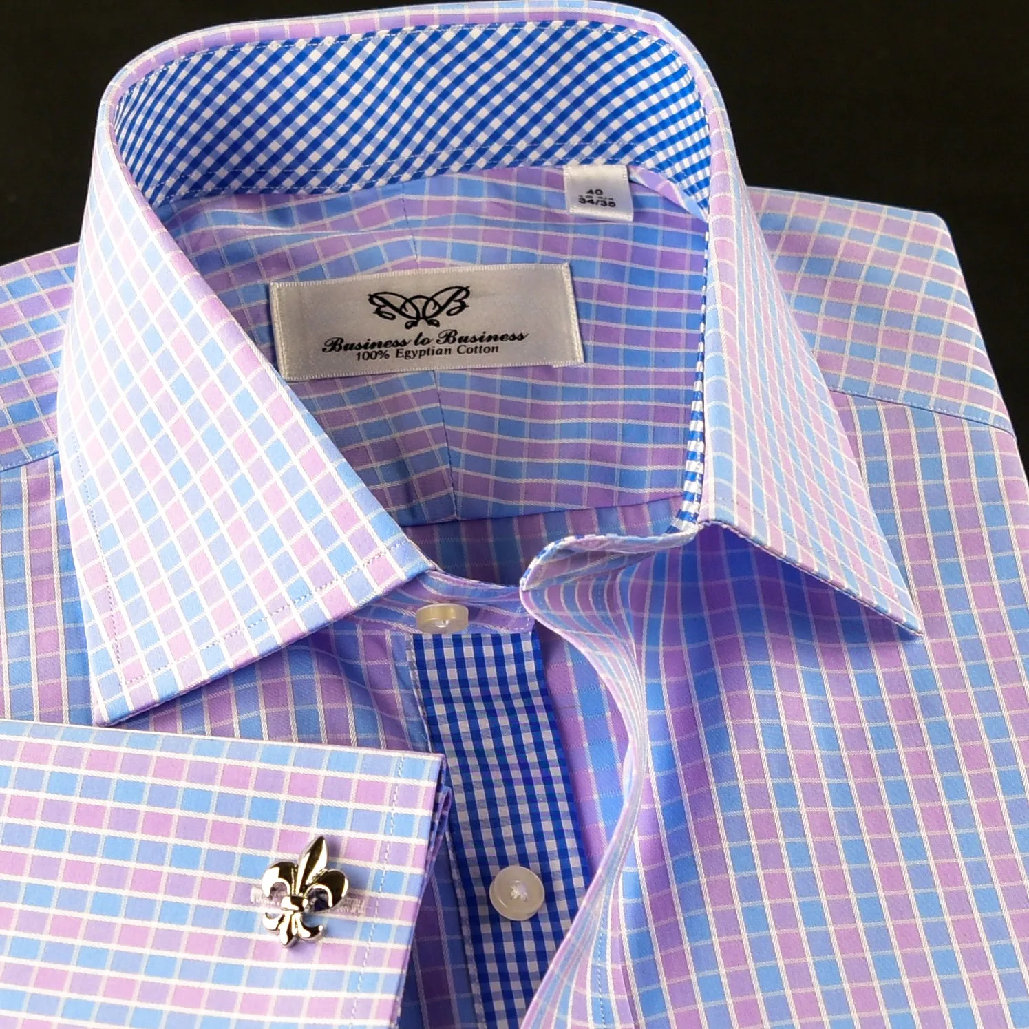 Elegant Purple Blue Check WIth Blue Fleur-De-Lis Dress Shirt French Cuffs Design