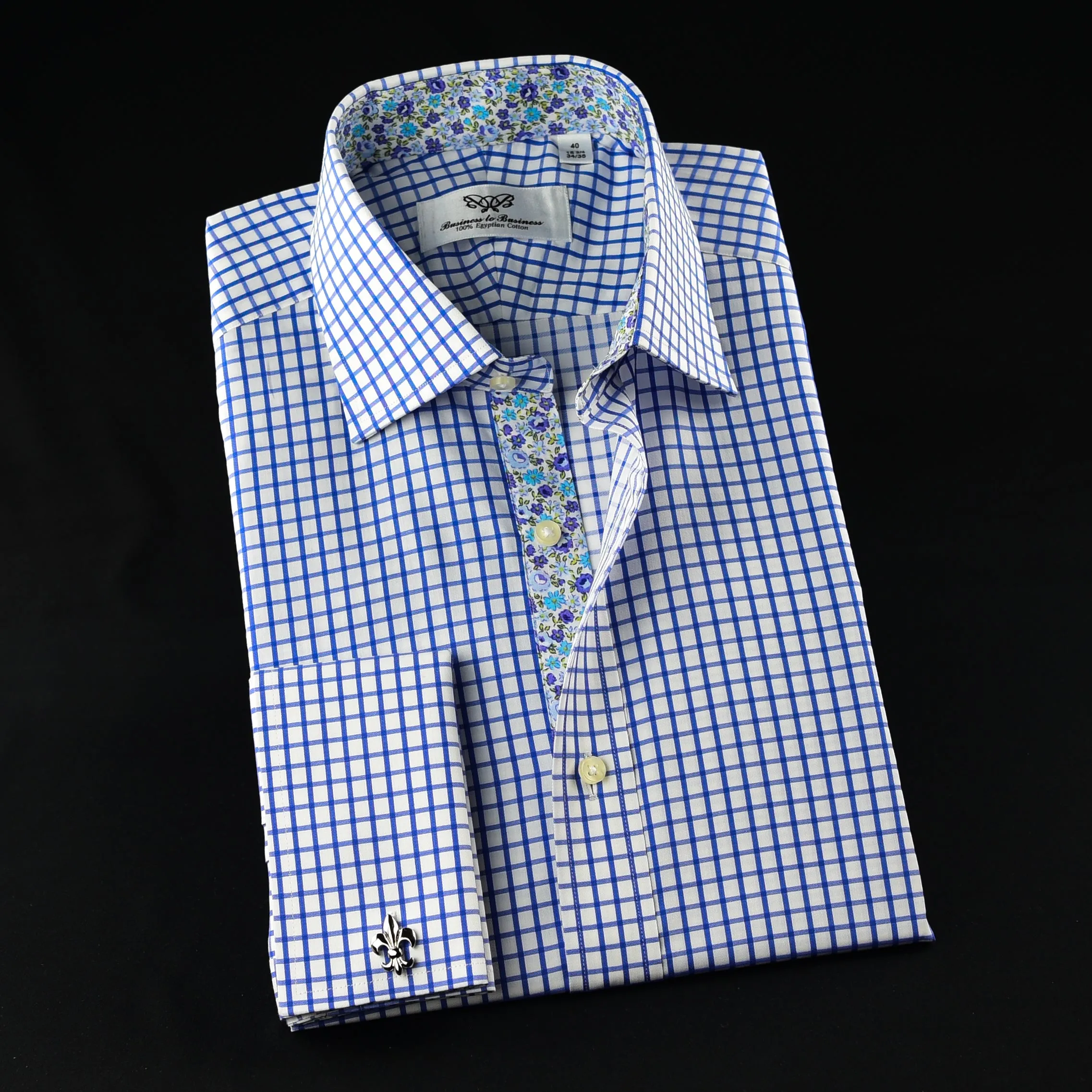 Elegant Purple Blue Check WIth Blue Fleur-De-Lis Dress Shirt French Cuffs Design