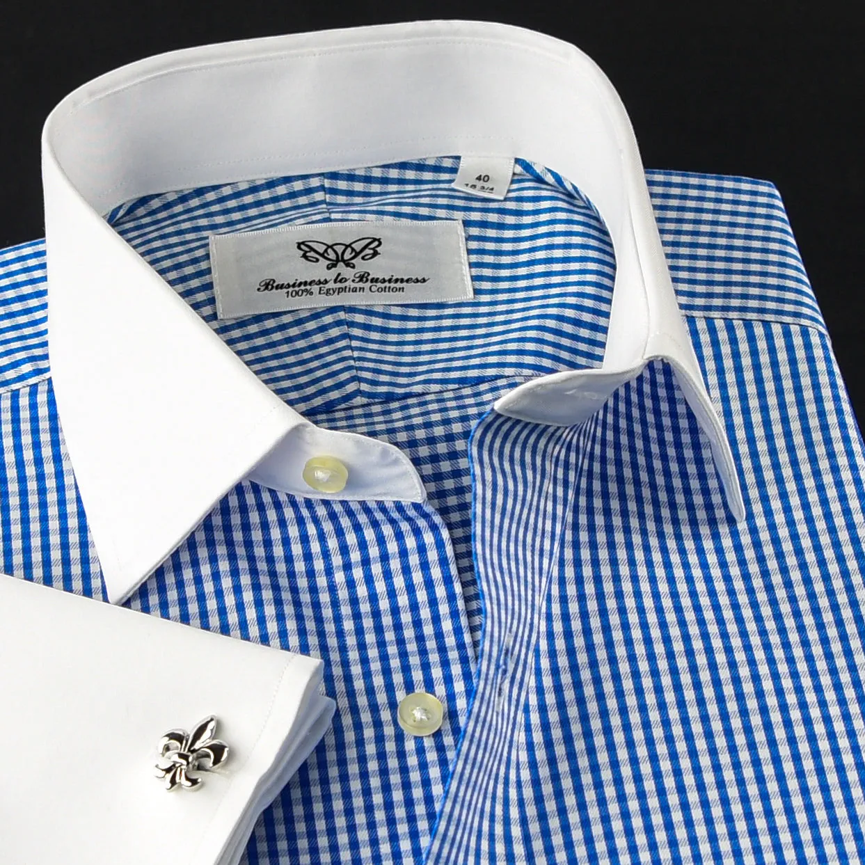 Elegant Purple Blue Check WIth Blue Fleur-De-Lis Dress Shirt French Cuffs Design