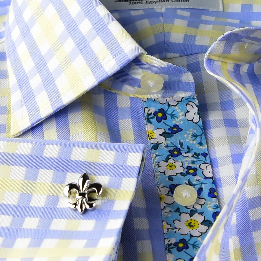 Elegant Purple Blue Check WIth Blue Fleur-De-Lis Dress Shirt French Cuffs Design