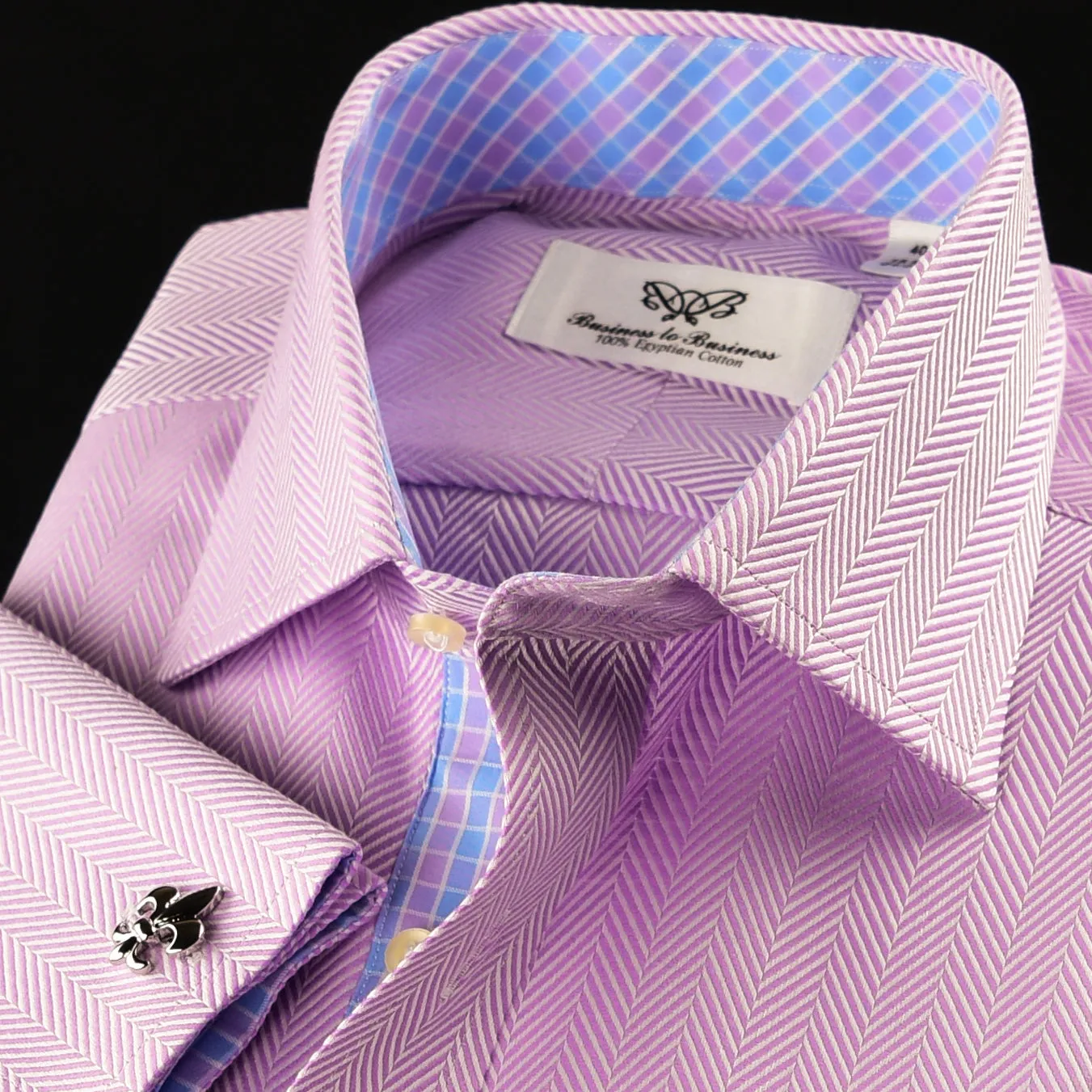 Elegant Purple Blue Check WIth Blue Fleur-De-Lis Dress Shirt French Cuffs Design