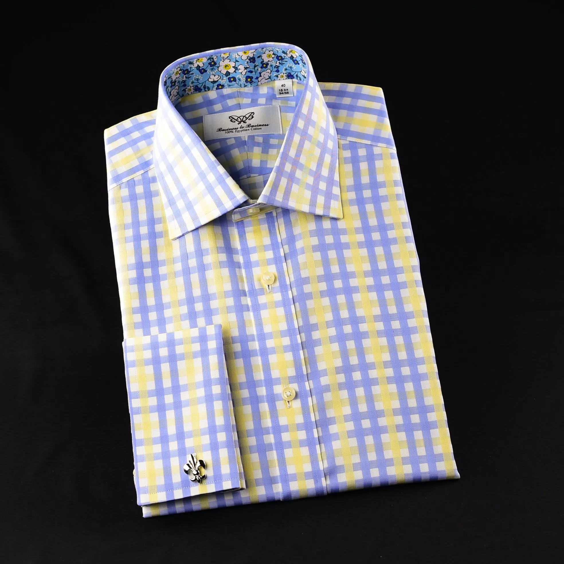 Elegant Purple Blue Check WIth Blue Fleur-De-Lis Dress Shirt French Cuffs Design