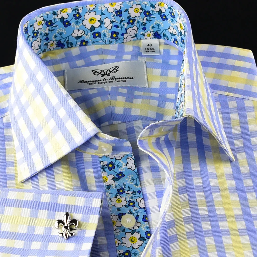 Elegant Purple Blue Check WIth Blue Fleur-De-Lis Dress Shirt French Cuffs Design