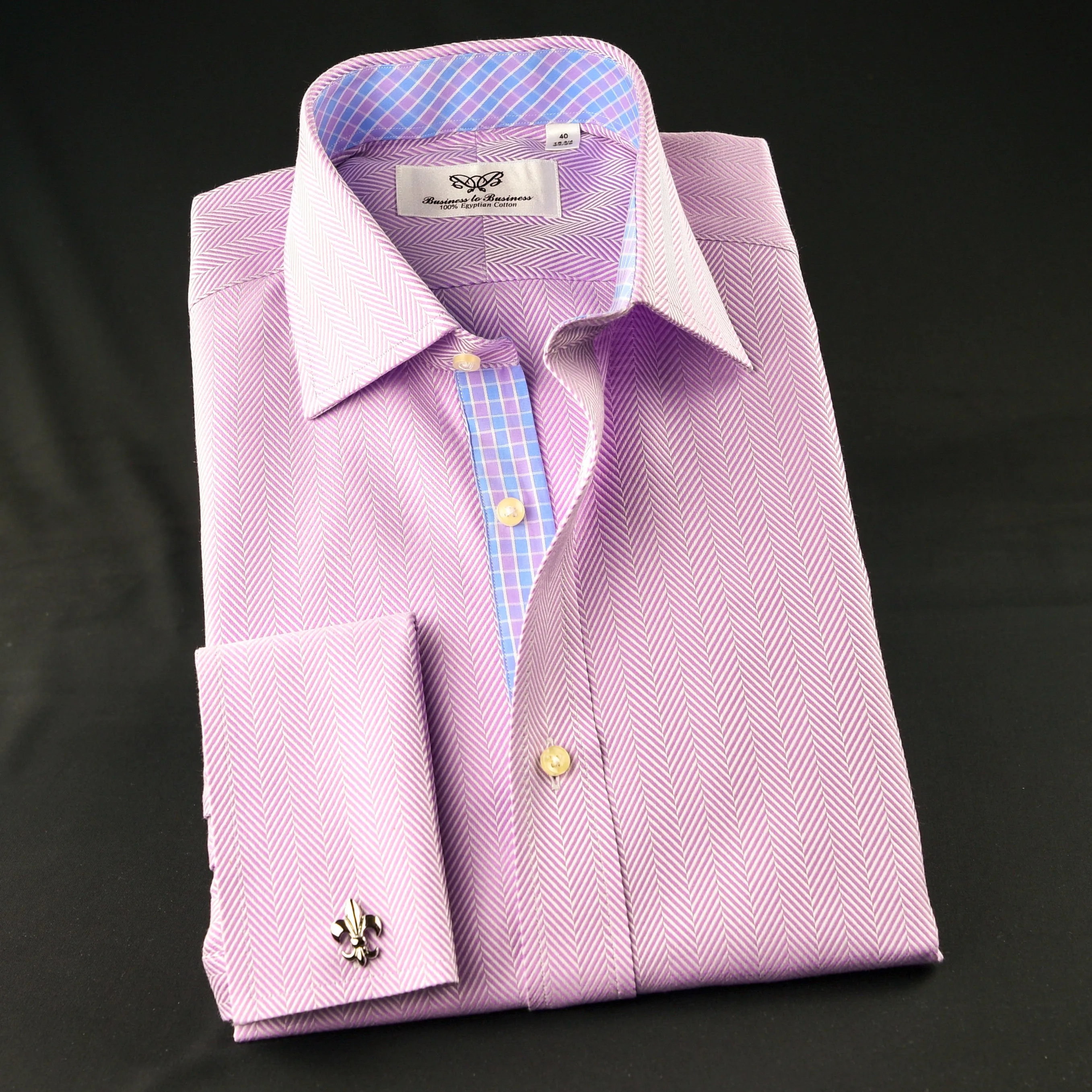 Elegant Purple Blue Check WIth Blue Fleur-De-Lis Dress Shirt French Cuffs Design