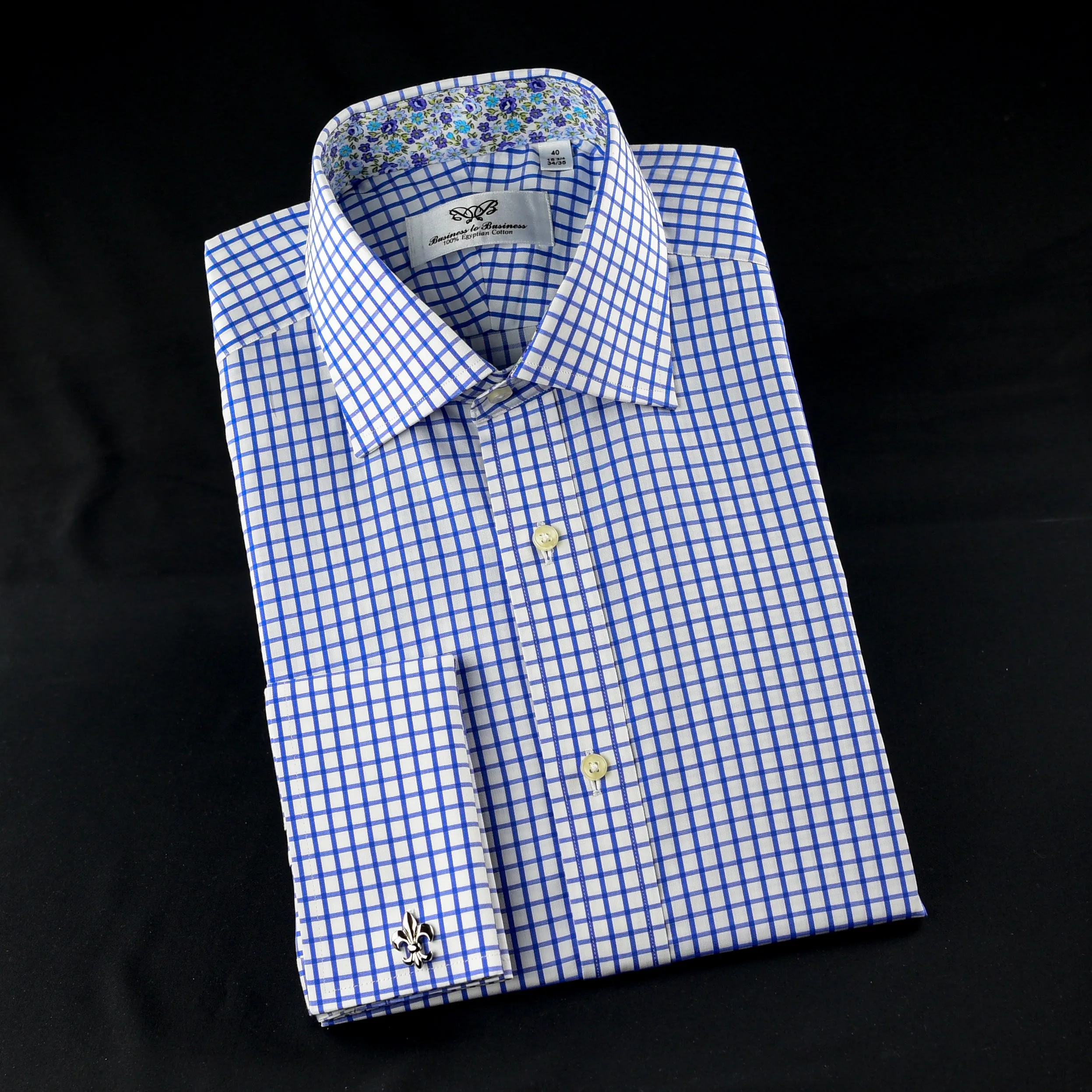 Elegant Purple Blue Check WIth Blue Fleur-De-Lis Dress Shirt French Cuffs Design