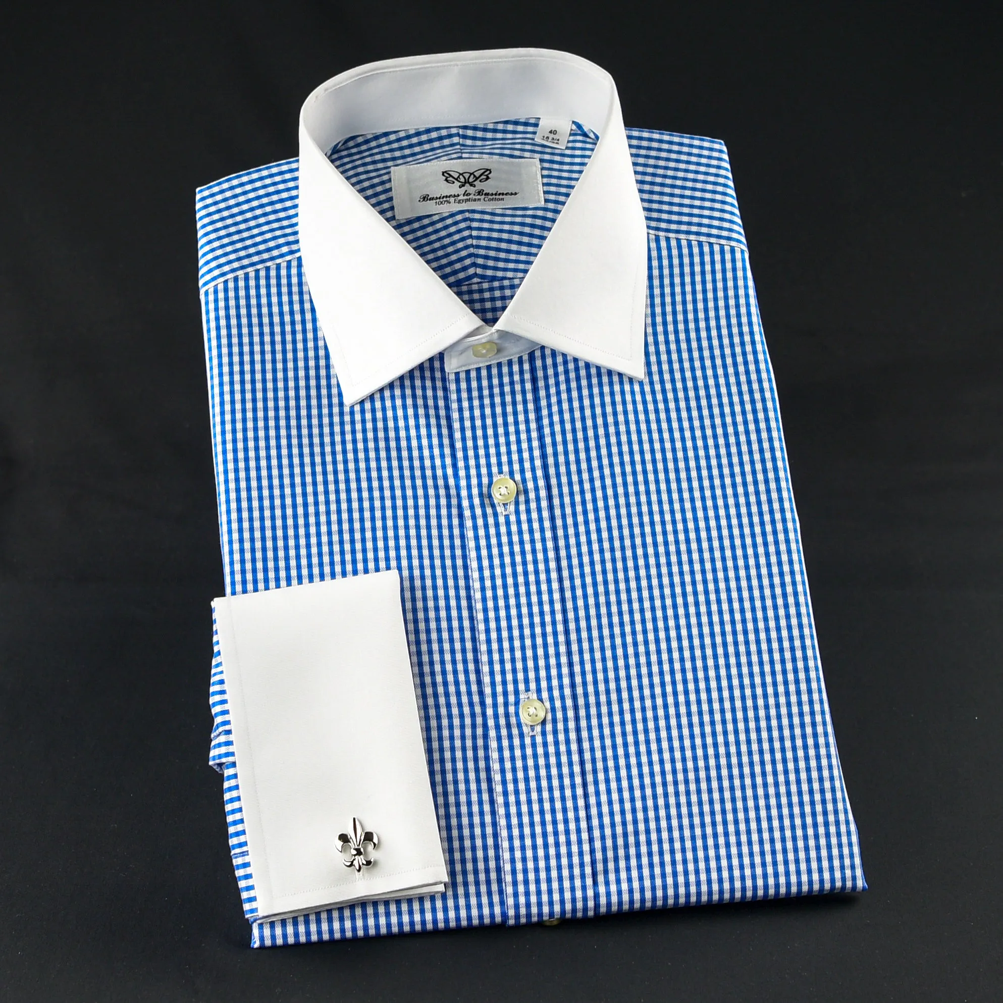 Elegant Purple Blue Check WIth Blue Fleur-De-Lis Dress Shirt French Cuffs Design