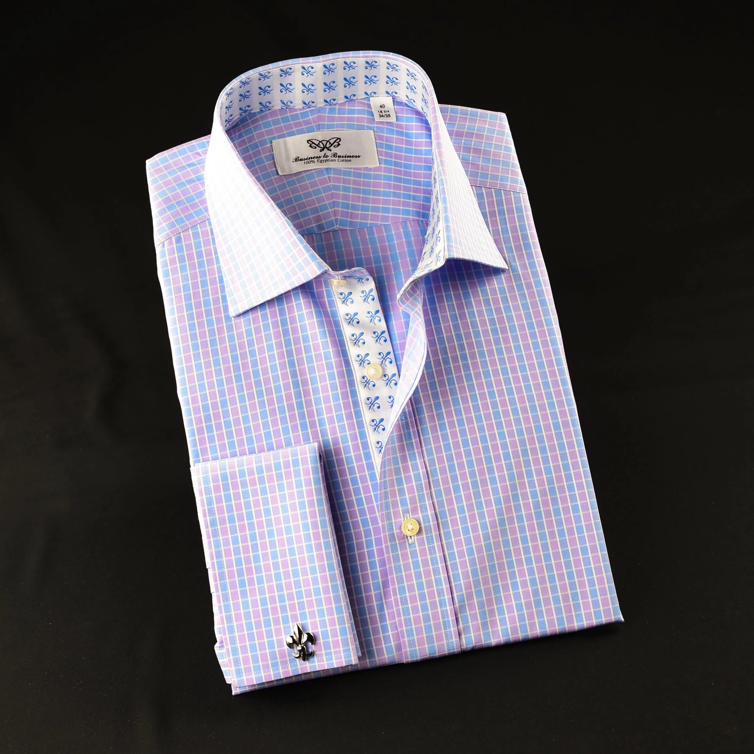 Elegant Purple Blue Check WIth Blue Fleur-De-Lis Dress Shirt French Cuffs Design