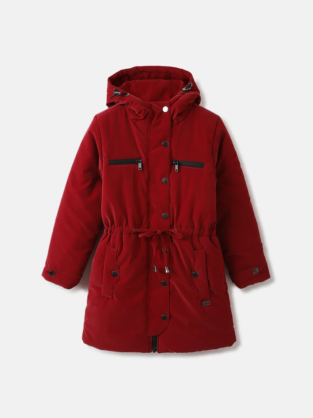 Elle Girls Red Solid Hooded Full Sleeves Parka Jacket