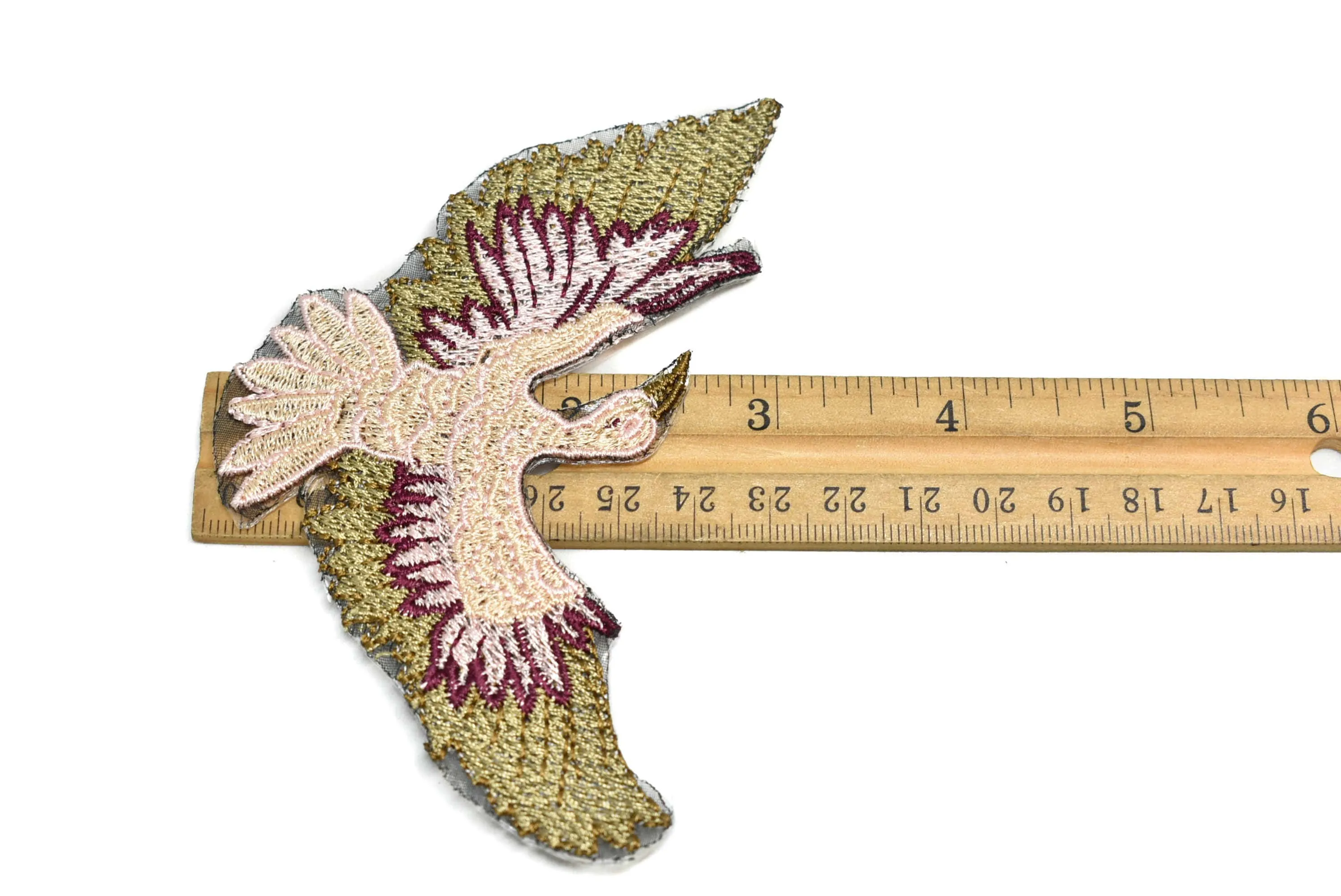 Embroidered Pink and Gold Bird Iron-On Patch