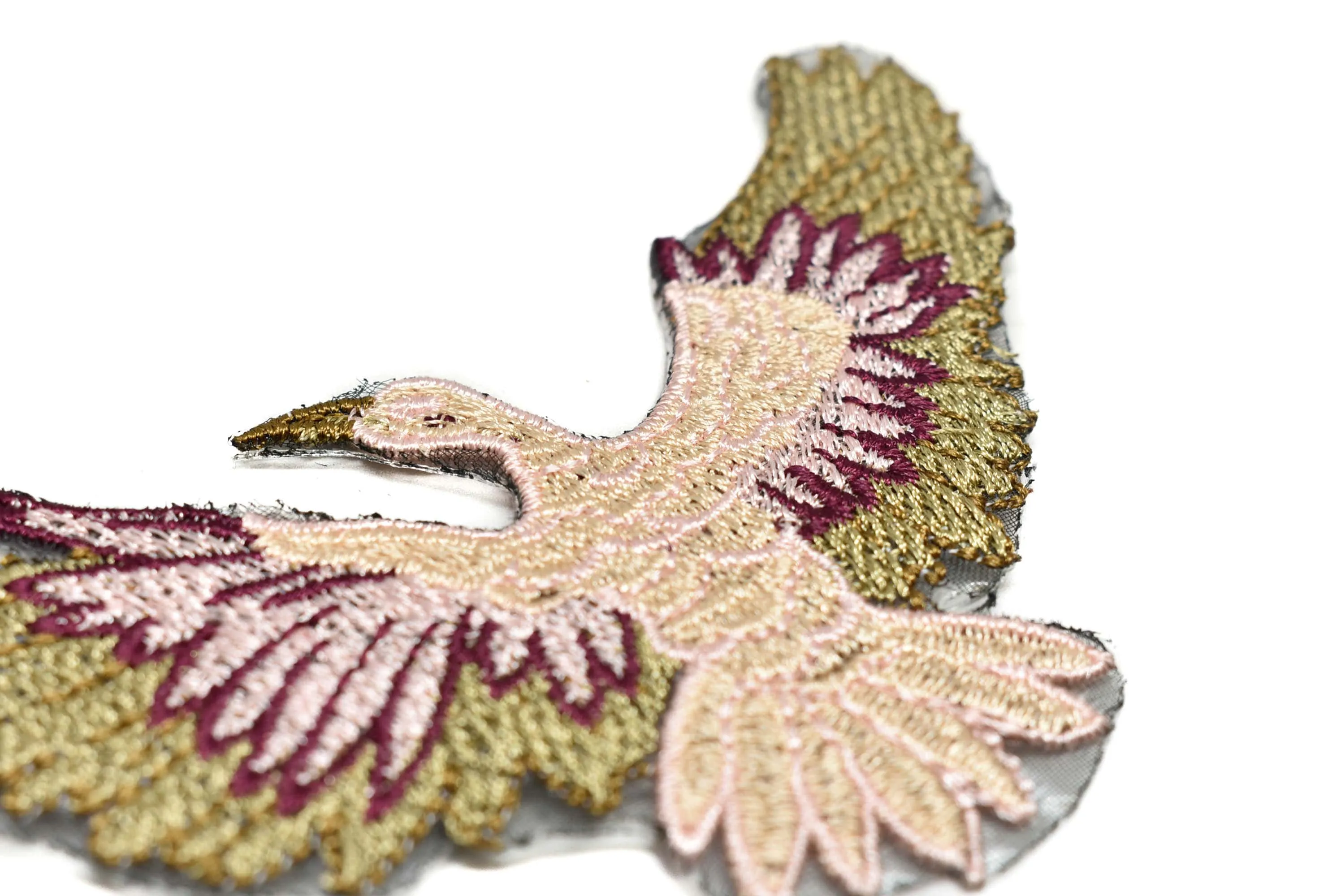 Embroidered Pink and Gold Bird Iron-On Patch