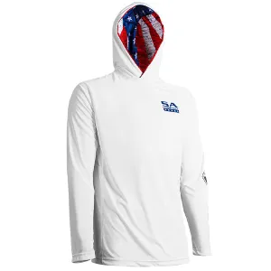 Hooded Performance Long Sleeve Shirt w/Mesh | White | Inner Hood-American Flag