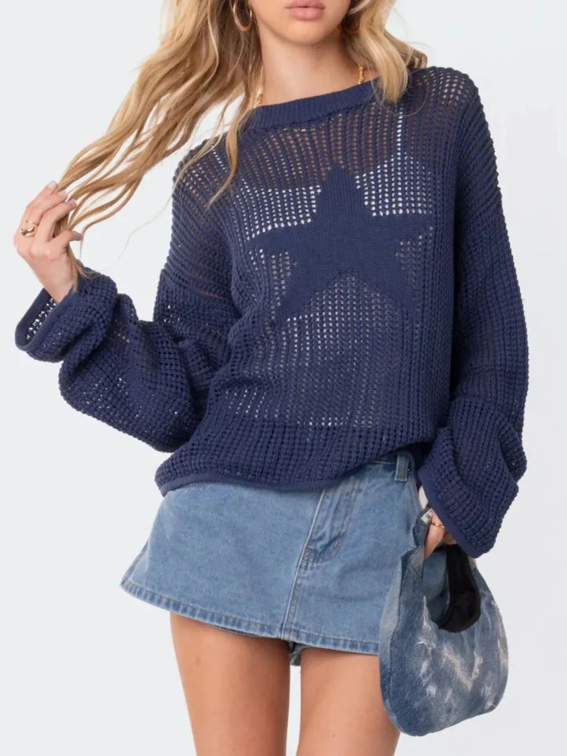 kesley Star Round Neck Long Sleeve Knit Top