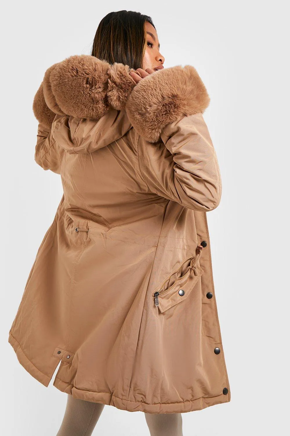 Luxurious Boohoo Faux Fur Trim Parka in Camel