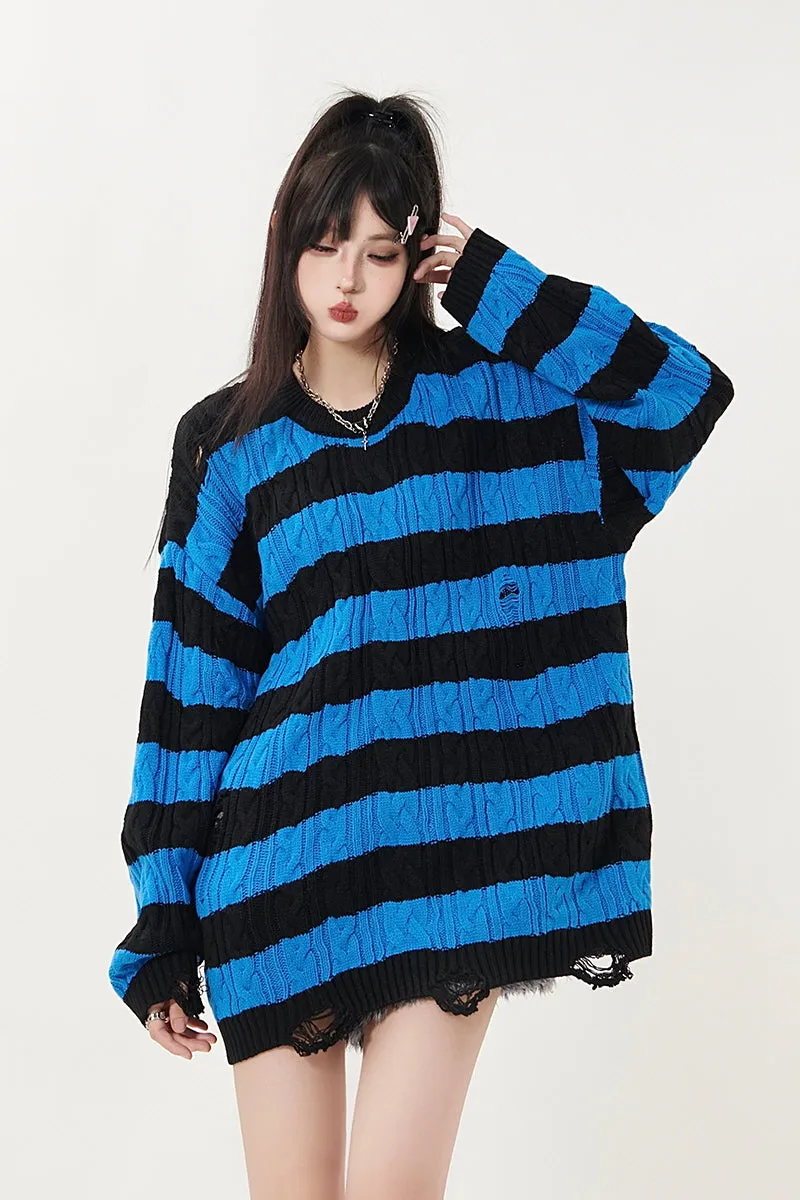 Ripped Striped Crewneck Sweater