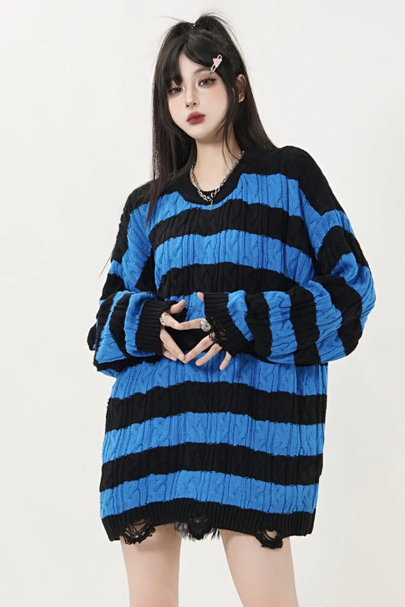 Ripped Striped Crewneck Sweater