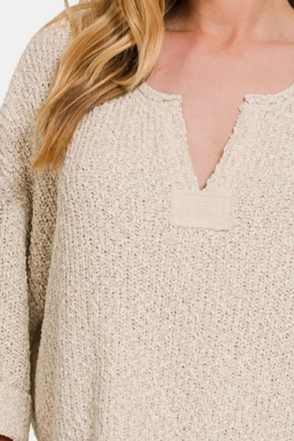 Shane Notched Side Slit Patch Sweater