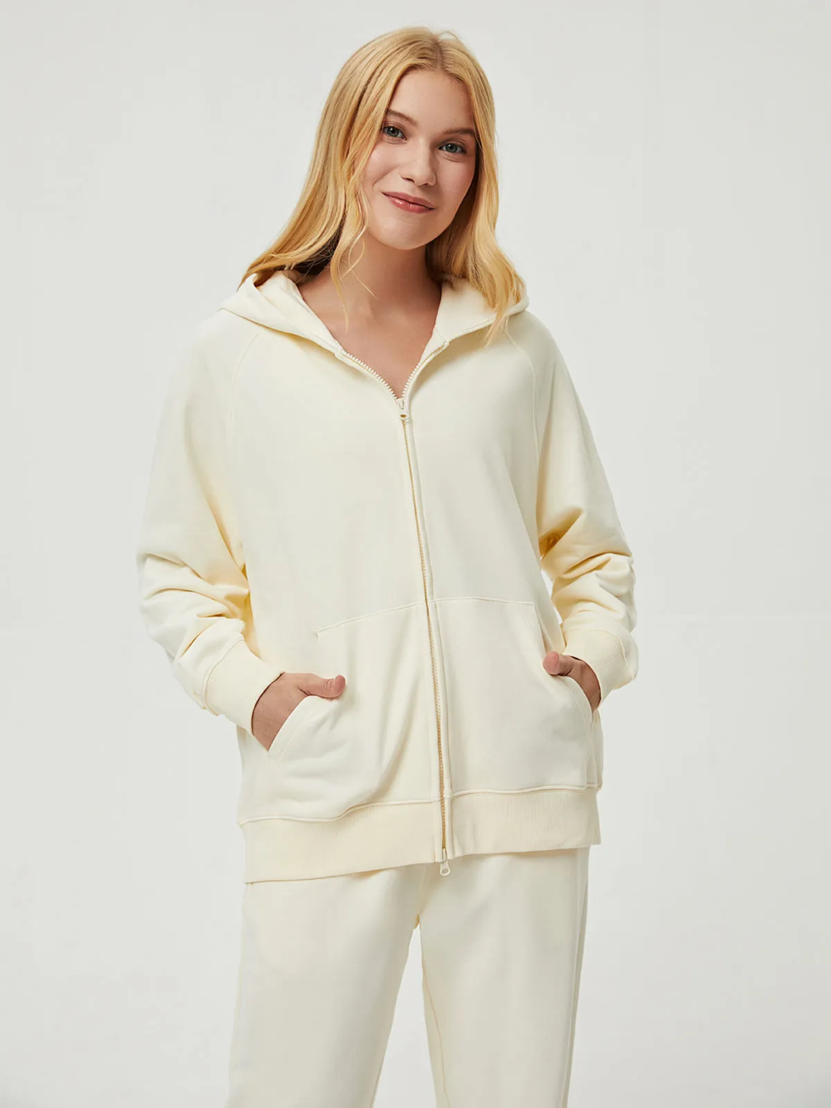 Terry Fleece Cloud Nine Zip Hoodie-Warm White