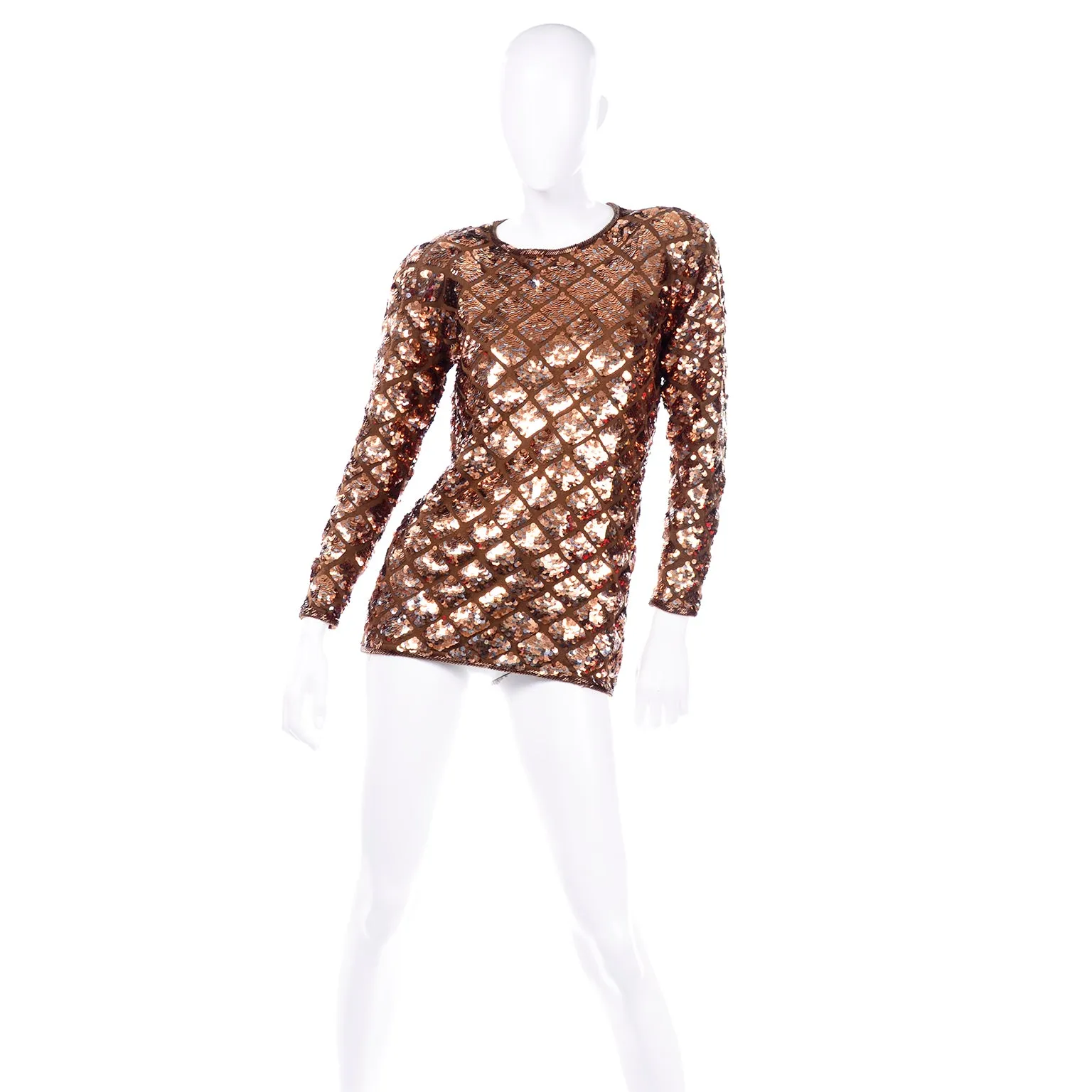 Vintage Copper Sequins Beaded Knit Pullover Sweater Top